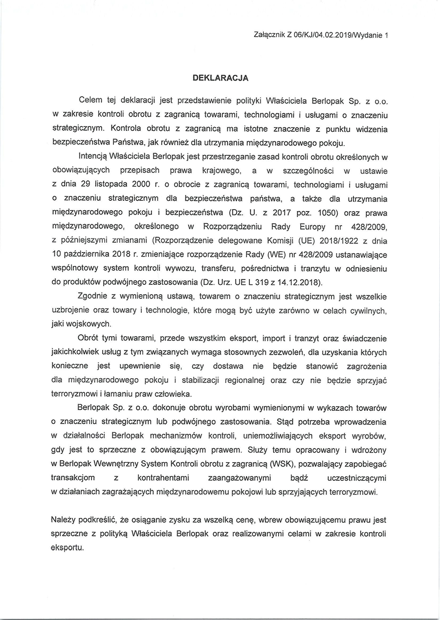 Deklaracja WSK Berlopak